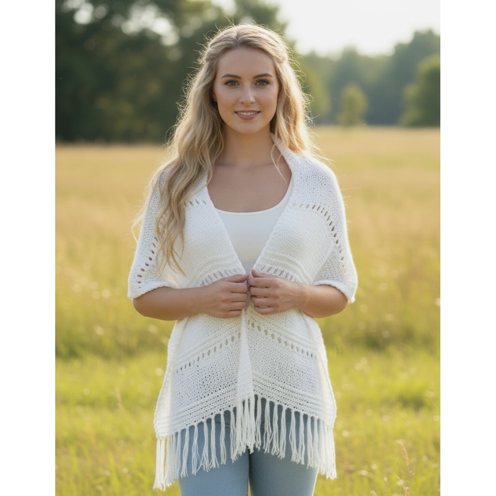 NEW White Hand‎ Knitted Shawl Scarf Wrap Boho Fairy Indie Coastal Cottage Beach